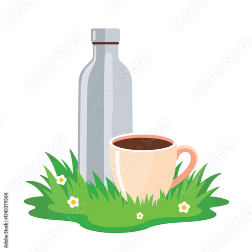 Stylish flask and ceramic mug resting on vibrant grass, nature harmony