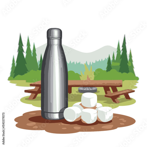 Sleek thermos beside marshmallows in serene forest setting, outdoor comfort