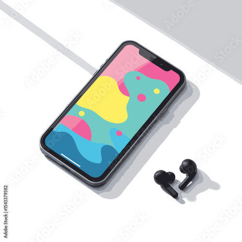 Modern smartphone with colorful app interface on white table, innovation
