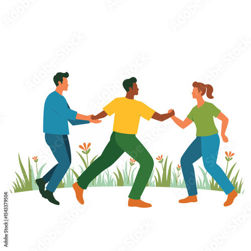 Group of friends enjoying playful connection in a vibrant garden, camaraderie