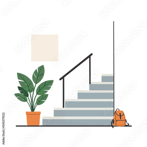 Minimalist stairway illustration with potted plant and backpack, simplicity