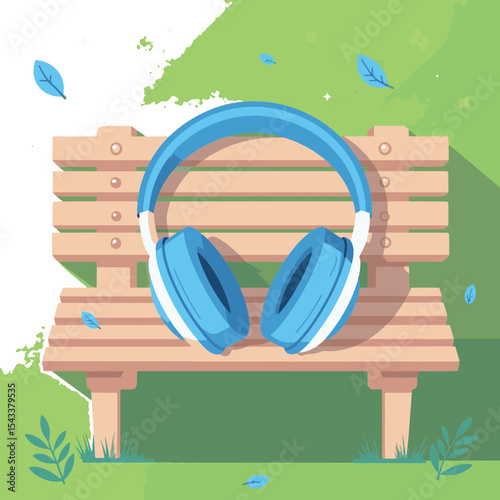 Stylish headphones resting on park bench, nature-inspired ambiance