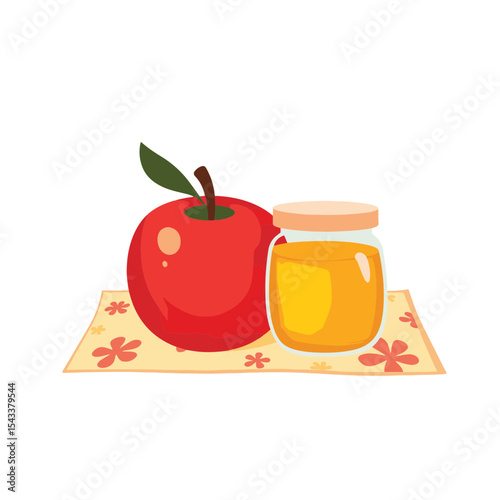 Glossy red apple and honey jar on floral cloth, delicious sweetness