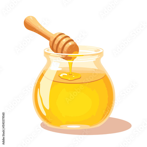 Clear glass honey jar with dipper on white background, sweetness concept