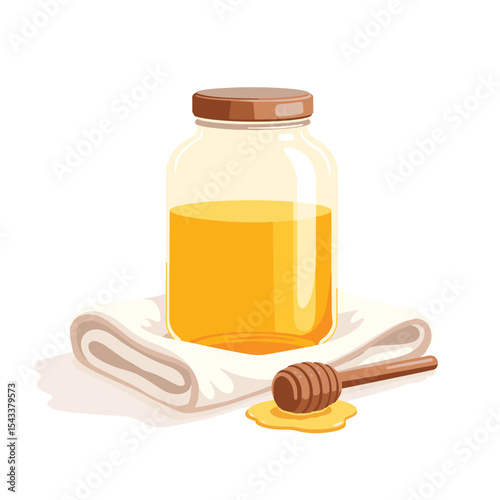 Golden honey jar with dipper on white towel, natural sweetness