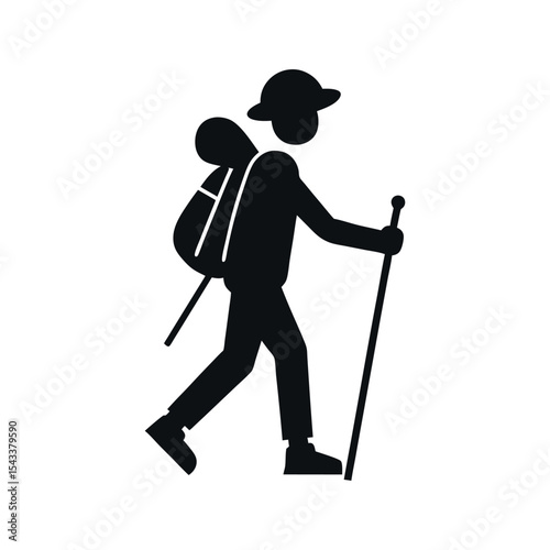 Hiking Silhouette Icon of Person with Backpack and Walking Stick on White Background