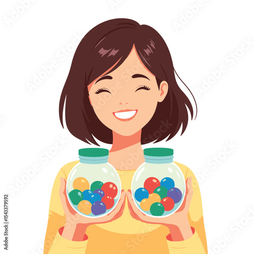 Smiling girl holding colorful jars of marbles, joyful creativity
