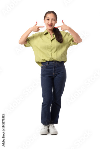 Young Asian woman pointing ...