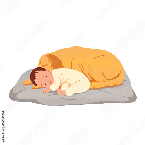 Child peacefully napping beside golden retriever on soft blanket, comfort