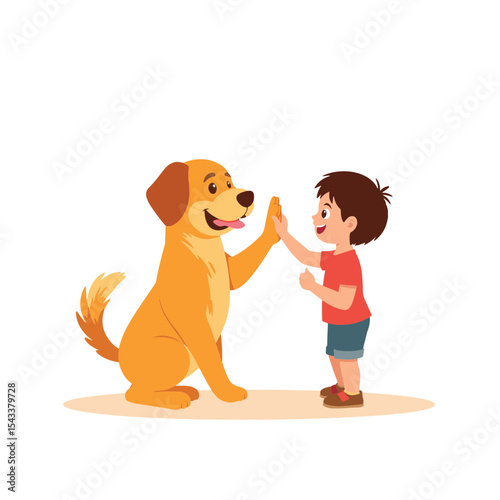 Joyful dog high-fiving a child with a white background, friendship concept.