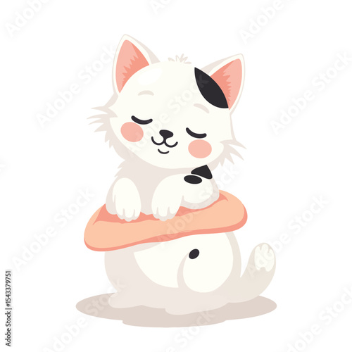 Content fluffy white cat resting serene on pastel lap, comfort and joy