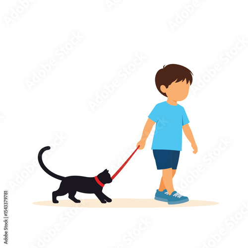 Young boy walking a cat on a leash, playful companionship