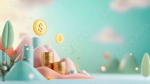A vibrant, cartoon-like illustration featuring stacks of golden coins and a dreamy landscape background. Perfect for financial themes or playful designs