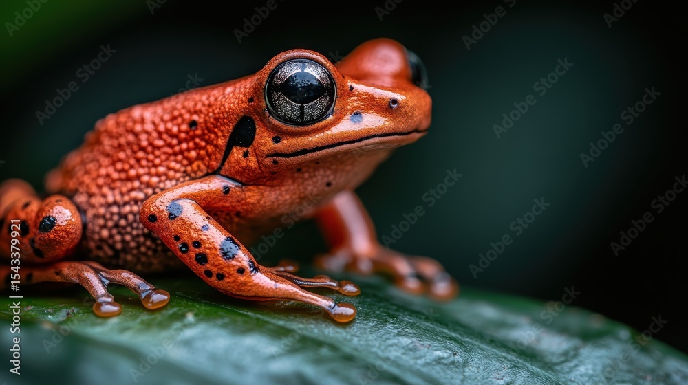 Obraz premium This close-up captures a vibrant red frog perched on a lush green leaf, showcasing its unique textures and striking colors in a natural setting, highlighting biodiversity.