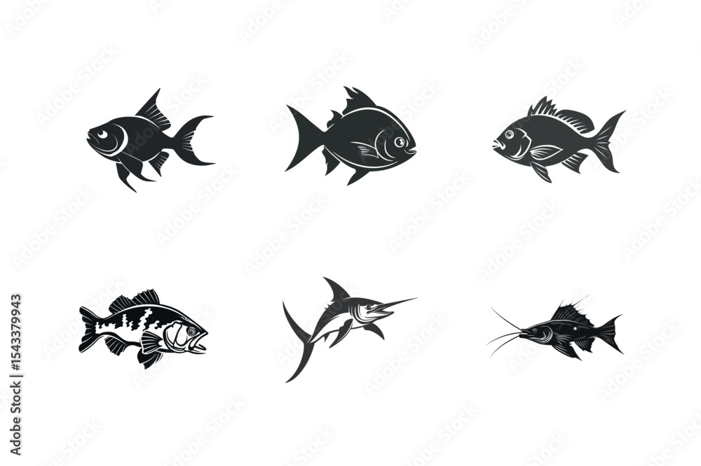 Fototapeta premium Six different types of fish silhouettes
