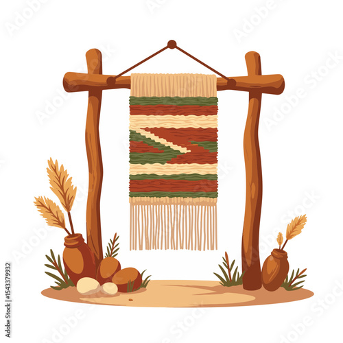 Traditional weaving loom displaying intricate tapestry, artistic craftsmanship