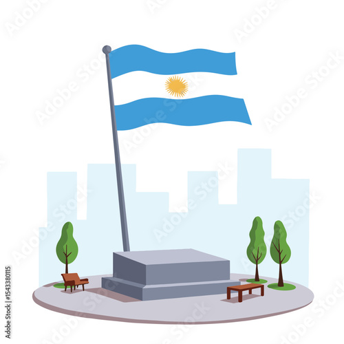 Argentina flag waving at urban monument, national pride and symbolism