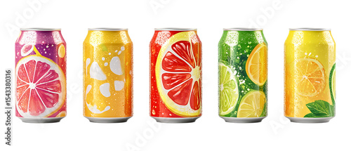 Pack Collection Fruit Soda Cans set against transparent background