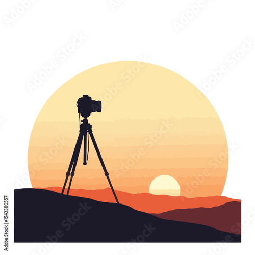 Camera silhouette at sunrise with tripod, capturing beauty