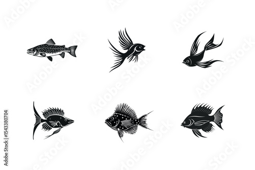 Six black silhouettes of various fish species