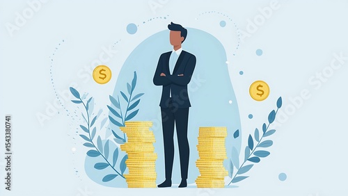 A well-dressed businessman standing confidently near stacks of gold coins, representing wealth and financial success