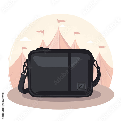 Modern camera bag against festival backdrop, stylish convenience