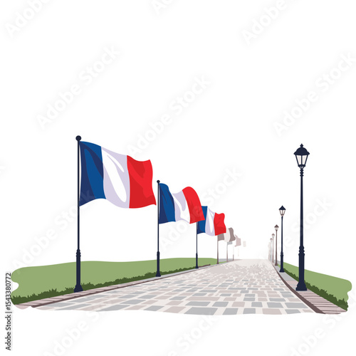 French flags fluttering along cobblestone street, symbol of patriotism
