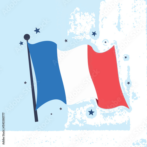 Stylized French flag waving against light blue sky, summer celebration