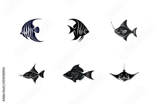 Six stylized black fish silhouettes on white