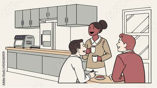Three colleagues chatting in the office kitchen during a break with coffee and a snack on the table