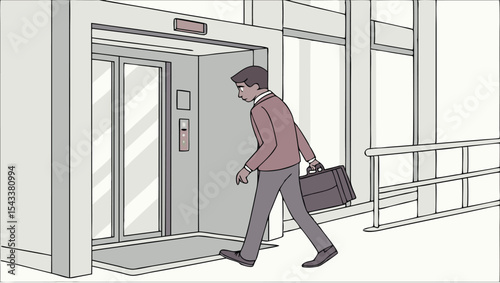 A man in a suit walking away from an elevator while holding a briefcase in a building lobby area