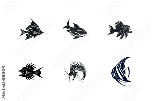 Five stylized fish silhouettes for design