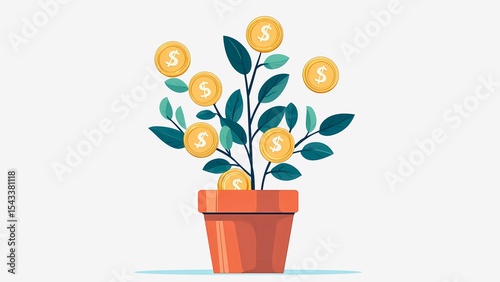 Growing money tree illustration for financial growth concept. A tree with dollar coins growing in a pot