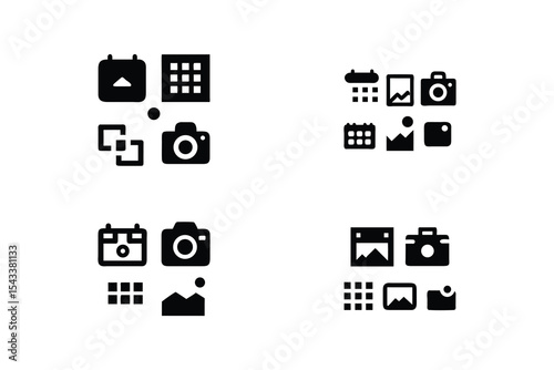 Flat Icons Representing Essential Mobile App Features. A collection of black and white flat icons representing essential mobile application features, including camera, calendar, finance, image, and ev