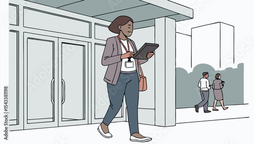 Woman in blazer walking near glass doors looking at tablet with people in the background outside building