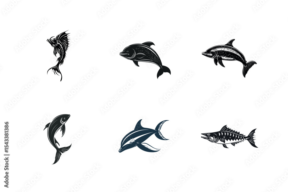 Fototapeta premium Six silhouettes of various ocean fish