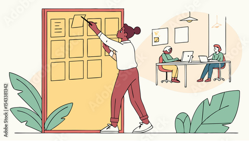 Woman is writing on a board with sticky notes in an office with two people at a table working
