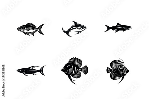 Six black and white fish illustrations