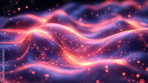 Abstract, swirling, glowing textures of vibrant, shimmering particles.  Fluid, undulating forms in pink, red, and blue hues.  A dark background
