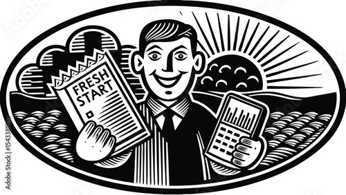 Illustration of a smiling man in a suit holding a fresh start book and calculator in an oval frame