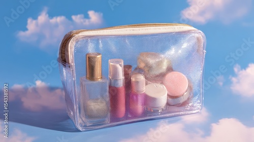 Travel cosmetics bag with various beauty products organized for vacation or business trips