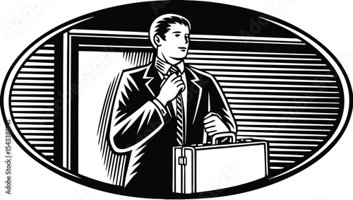 Illustration of a businessman in a suit adjusting his tie with a briefcase in hand in monochrome style