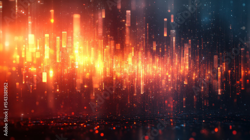 Abstract digital cityscape.  Vibrant orange and red vertical lines, glowing,  and flickering,  against a dark background.  Sparse, glowing dots of light create a sense of depth and movement