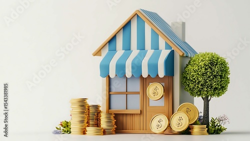 A miniature shop illustration with piles of gold coins and a tree, symbolizing financial stability. This conceptual artwork captures themes of investment, prosperity, and property ownership.