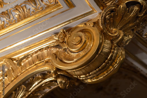 Detailed close-up of intricate gilded stucco moldings and wooden carvings