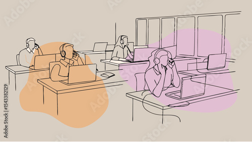 Illustration showing a call center with employees working on computers and wearing headsets at their desks