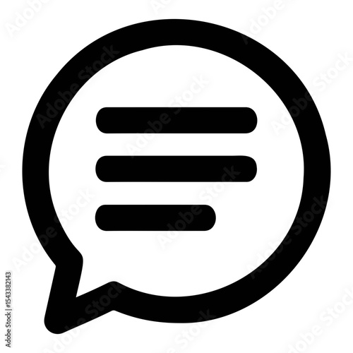 A black and white icon of a speech bubble containing three horizontal lines of varying lengths on transparent background