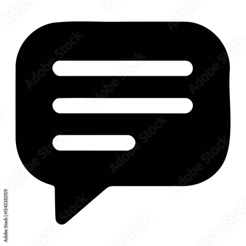 A black speech bubble with three white lines inside indicating text or conversation symbol design on transparent background