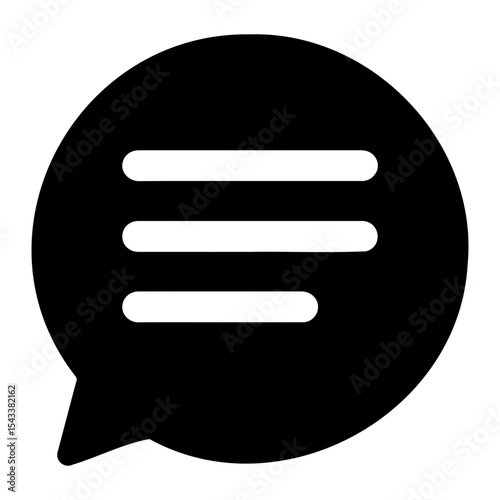 A black speech bubble with three horizontal lines inside indicating a text conversation icon design on transparent background