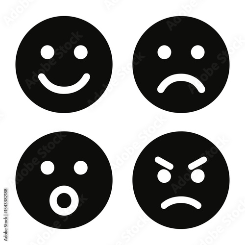 Four black and white emoji icons displaying a range of emotions from happy to angry and surprised on transparent background